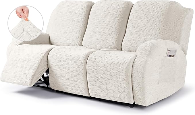 VANSOFY Recliner Cover, 3-Pieces Stretch Reclining Couch Covers with Pockets Reclining Sofa Slipcovers 3 Seater Soft Washable Furniture Protector for Dogs Cats(Off White)