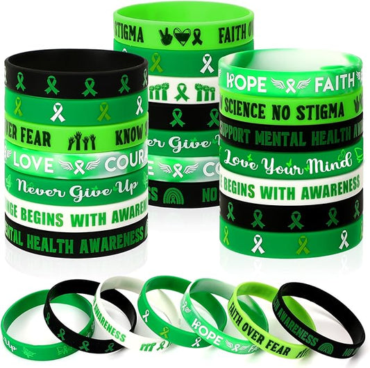 JUNEBRUSHS 42pcs Mental Health Awareness Silicone Wristband Bulk Green Ribbon Inspirational Rubber Bracelets for Mental Health Awareness Faith Courage Hope Party Favor Gift Supplies(7 Style)