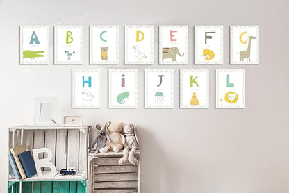 English Alphabet Wall Cards Art Flash Cards- Set of 26 White (5" x 7") Animal Alphabet Cards for Nursery Decor, Gifts, Kids Room, Classroom, by Kindred Sol Collective