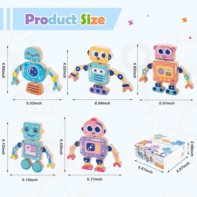 Wooden Snap-Together Building Toys, Robot Building Kit for Kids,STEM Building Blocks,Take Apart Playset 28pcs, Fine Motor Skill Montessori Educational Learning Toys Gift for 3 4 5 6 Years Kids