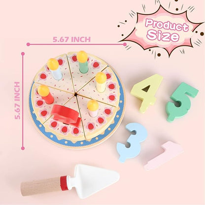Wooden Cutting Birthday Cake Toys,Birthday Fake Cake Toy with Candles and Numbers, Pretend Play Food Set ,Montessori Tea Party Toys Learning Kitchen Toys for Boys Girls 1-6 Years