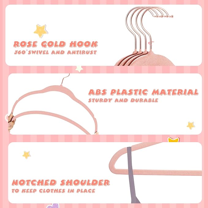 ManGotree Baby Velvet Hangers with 360° Swivel Rose Gold Hook, 10.95" Non-Slip Toddler Hangers, Ultra Thin Space Saving Infant Hangers for Kids Clothes, 15 Pack (Light Pink)