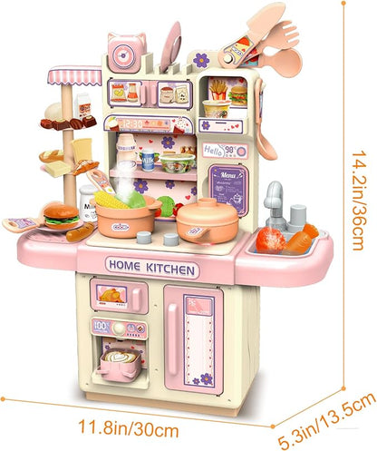 deAO Mini Kitchen Playset Toy,33 PCS Play Kitchen with Realistic Steam and Lights, Role Playing Game Pretend Food and Cooking Playset, Mini Kitchen Accessories Set for 3 4 Girls Boys