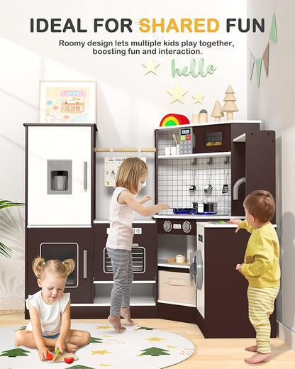 Babytronic Corner Wooden Play Kitchen Set for Kids w/Lights & Sounds, Pretend Play Kitchen Playset with Stove, Microwave, Ice Maker & Accessories, Perfect for Toddlers & Multiple Children (Coffee)