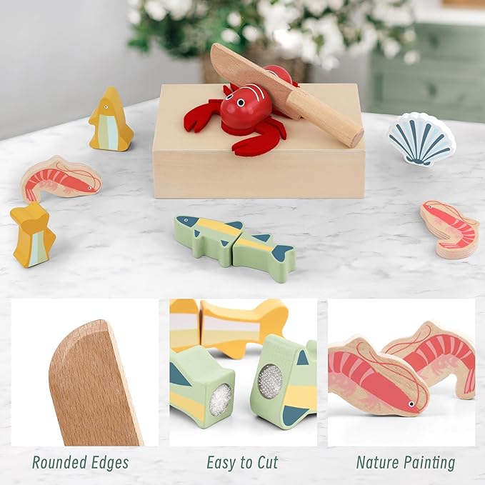 PairPear Wooden Play Food Cutting Seafood Set - Toddlers Wooden Toy Food Pretend Play Kitchen Accessories for 3 Years Old Boys Girls Early Education Toys Gift