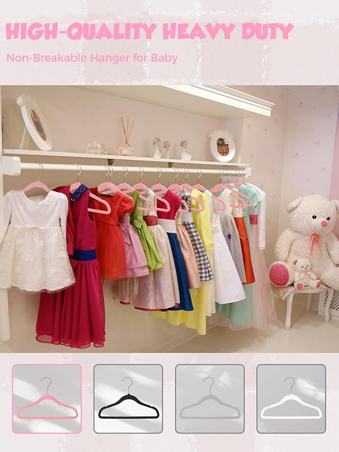 Smartor Kids Velvet Hangers 50 Pack, 14'' Inch Premium Non Slip Kids Felt Hangers for Closet, Space Saving Toddler Clothes Hanger for Youth's Childrens' Clothes (Rose Gold Hook)- Pink