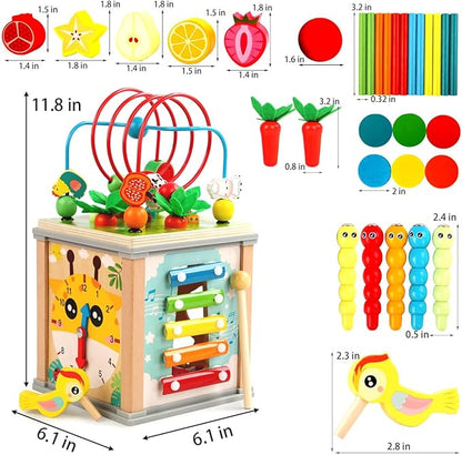 Toddlers Montessori Wooden Educational Toys, Wooden Baby Activity Cube,10 in 1 Carrot Pulling Baby Toy Gifts for 1+ Year Old Girls & Boys, Animal Shape Sorting Cube Toys for Kids