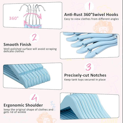 FairyHaus Kids Wooden Hangers 20Pack Blue, 12.8 Inch Baby Wooden Hangers for Closet, Anti-Rust 360° Swivel Hook, Notches & Smooth Finish, Natural Solid Wood Childrens Hangers for Clothes