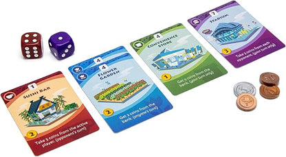 Machi Koro 2 Board Game - New Adventures Await in Your Quirky City! Fast-Paced Dice Rolling Strategy Game for Kids and Adults, Ages 10+, 2-5 Players, 45 Minute Playtime, Made by Pandasaurus Games