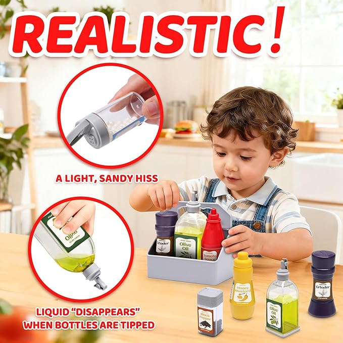 6 Pcs Condiment Toys with Storage Rack and Gift Box, Play Food Set for Kids Kitchen, Pretend Food Play Kitchen Accessories for Toddler, Preschool Learning Toys for Boy Girl, Pretend Grocery Store