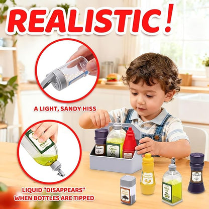 6 Pcs Condiment Toys with Storage Rack and Gift Box, Play Food Set for Kids Kitchen, Pretend Food Play Kitchen Accessories for Toddler, Preschool Learning Toys for Boy Girl, Pretend Grocery Store