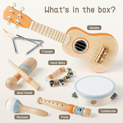 Vanplay Kids Guitar Set - Montessori Toys for 2 3 Year Old Boy Girls Birthday Gifts, 7 in 1 Musical Instruments for Toddlers 2-4, Band Sets with Ukulele/Flute/Tambourine/Maracas Toys for Kids 3-5