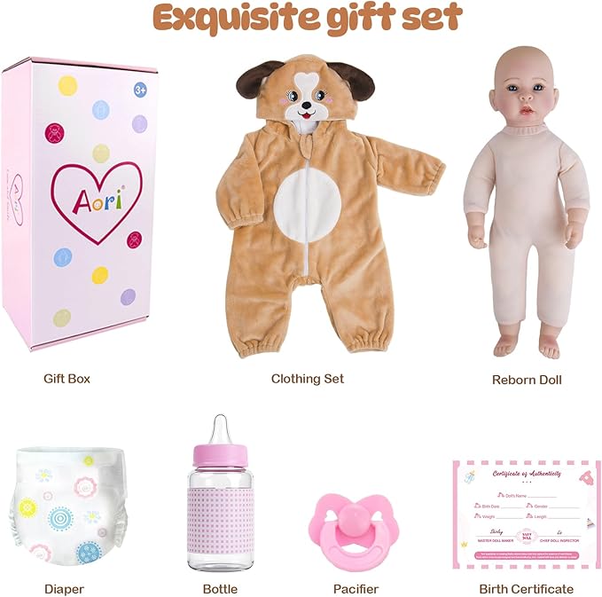 Aori Baby Dolls Realistic, 17-inch Lifelike Baby Doll Set with Feeding Kit Included, Real Life Baby Dolls for Kids 3+, Parents, Elderly and Collectors