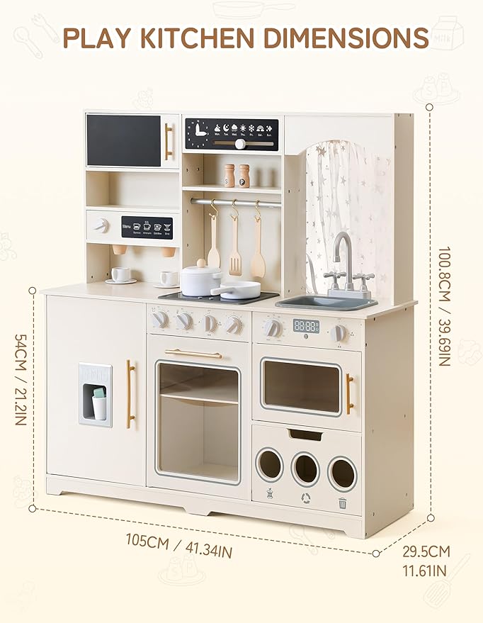 besrey Play Kitchen for Kids, Wooden Kids Play Kitchen Playset with Real Lights & Sounds, Toddler Toy Kitchen with Fun Cookware Accessories, Pretend Play Kitchen Gift for Age 3+
