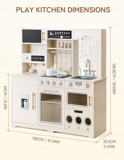 besrey Play Kitchen for Kids, Wooden Kids Play Kitchen Playset with Real Lights & Sounds, Toddler Toy Kitchen with Fun Cookware Accessories, Pretend Play Kitchen Gift for Age 3+