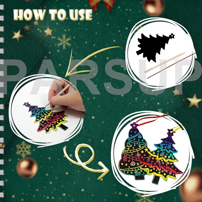 72Pcs Christmas Tree Scratch Paper Rainbow Color Scratch Ornaments Christmas Decorations Hanging Craft Art Kits with Wooden Stick and Ribbon for Kids Christmas Winter Party Favors