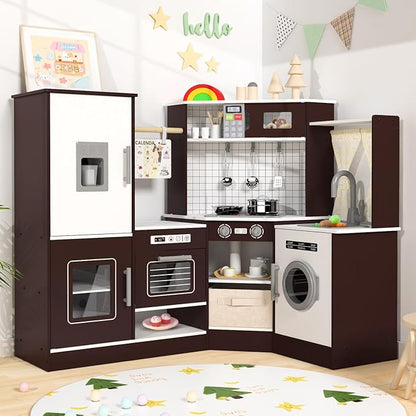 Babytronic Corner Wooden Play Kitchen Set for Kids w/Lights & Sounds, Pretend Play Kitchen Playset with Stove, Microwave, Ice Maker & Accessories, Perfect for Toddlers & Multiple Children (Coffee)
