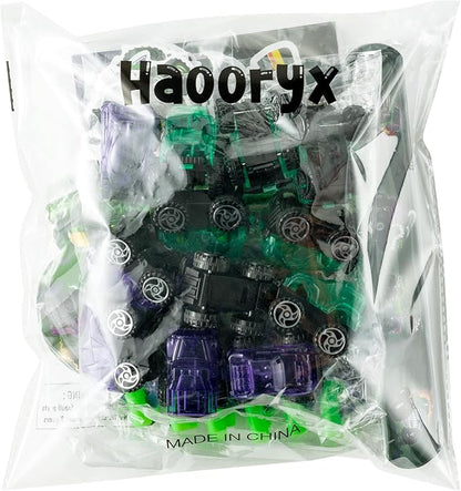 Haooryx Green Purple Monster Truck Party Favor - 122Pcs Monster Truck Slap Bracelets Sticker Blowouts Noisemakers Mini Vehicles Car Toy Keychain with Gift Bag for Kids Birthday Party Goodie Bag Supply