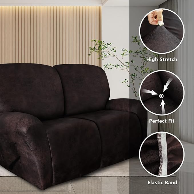 Loveseat Recliner Slipcover Large Size Oversized - 6 Pieces Stretch Leather Like Recliner Sofa Cover for 2 Seat Dual Reclining Loveseat Couch Furniture Protector (Chocolate)