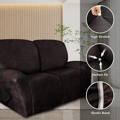 Loveseat Recliner Slipcover Large Size Oversized - 6 Pieces Stretch Leather Like Recliner Sofa Cover for 2 Seat Dual Reclining Loveseat Couch Furniture Protector (Chocolate)