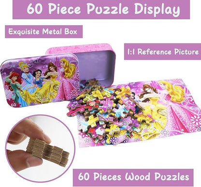 Princess Puzzles for Kids Ages 4-8 60 Pieces Puzzles for Kids Ages 3-5 Princess Puzzle for Girls and Boys Toys Jigsaw Puzzles in a Metal Box Educational Puzzles (Princess 0685)