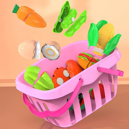 94 Pcs Cutting Play Food Set for Kid Kitchen (45 Items), Pretend Play Food with Shopping Basket, Fake Food Accessories with Fruit Vegetable Toy for Toddler, Educational Gift for Little Girl Birthday