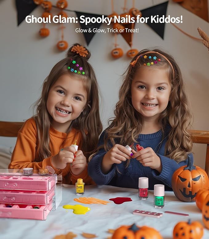 Geyiie Nail Polish Toys Set, DIY Bead Making Kit in Acrylic Storage Box 3 Drawers with Halloween nail sticker for girls , Bracelet Making Kit Arts & Crafts for Girls, Party Favor