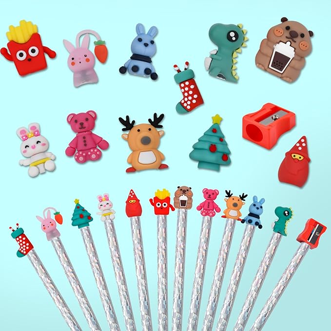 FilmHOO Art Supplies for Kids Classroom,12 Rainbow Colored Pencils With Cute Pencil Cap,sharpener,Arts And Crafts 4-12 Year Old Party Favors,Girl Gifts Trendy Stuff