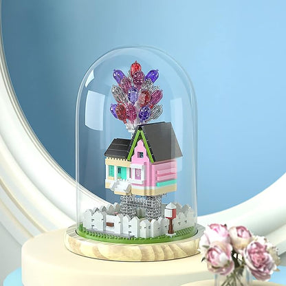House Building Blocks Kit Toys Set, Miniature 1243 Pcs Micro Bricks Collectible Creative Teen Girl Gifts Age 14 and Up, Dust Cover, Wooden Base Up Balloon Castle Toys DIY Decoration Home