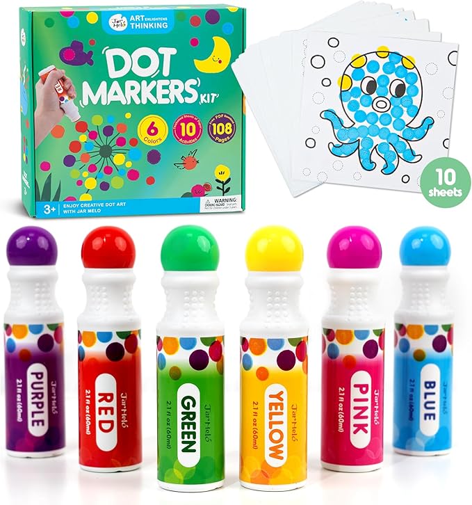 Jar Melo Washable Dot Markers, 6 Colors Dot Paints with 108 PDF & 10 Physical Activity Papers, Non-Toxic Bingo Daubers for Toddlers 1-3 2-4