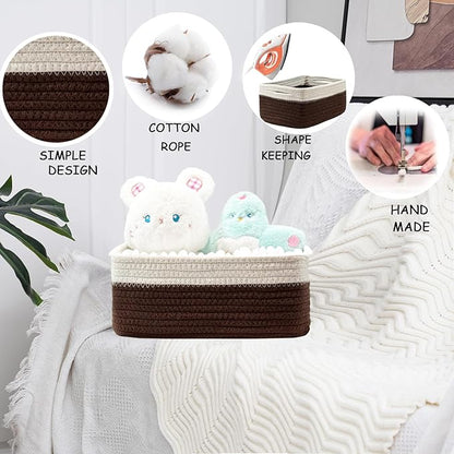 COMFY HOMI 11.5"x7.5"x4.7" Storage Baskets for Organizing | Cotton Rope Woven Basket | Toy Storage Bin Box | Basket for Shelves, Closet Organizer Bin, Decorative Closet Shelf, 3 Pack, dark brown/white