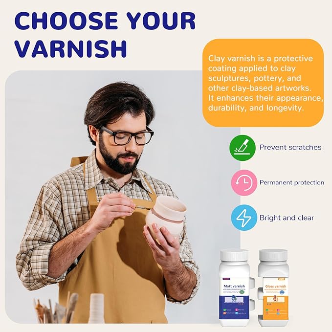 240ml Air Dry Clay Glaze, Clay Paint for Pottery Air Dry, Clay Paint High Gloss, Anti-Scratch, Waterproof, Clay Glaze Set with 120ml Matte Varnish and 120ml Gloss Varnish, 2 Brushes.