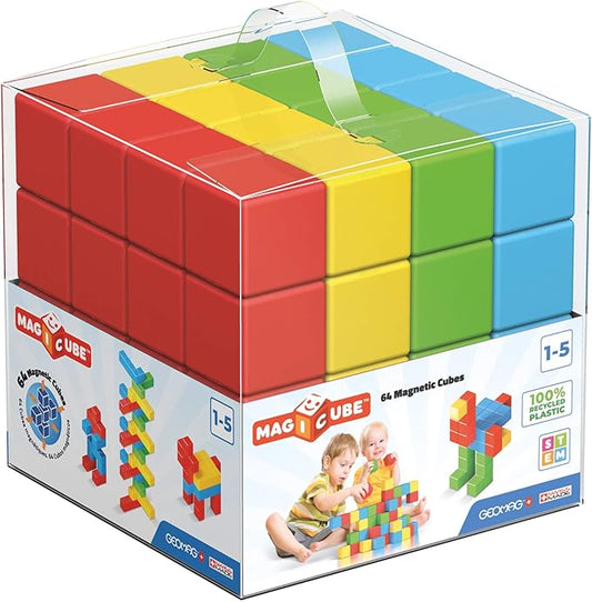 Geomag Premium Swiss-Made MagiCube 64-Piece Magnetic Stacking Cubes Building Set, Toddlers & Kids Ages 1-5, STEM Educational Toy, Creativity, Imagination, Early Learning Fun, Crystal Packaging