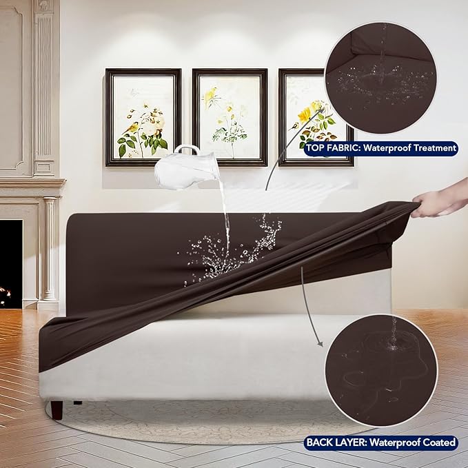 PureFit 100% Dual Waterproof Futon Cover, Waterproof Couch Cover for Futon - Stretch Non Slip Fleece Sofa Covers Washable, Leakproof Furniture Protector for Kids, Pets, Dog (Futon, Chocolate)