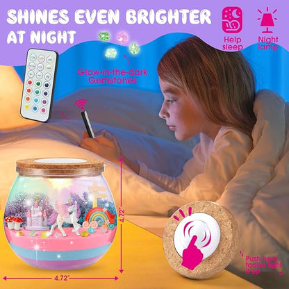 ACRABROS Unicorn Terrarium Kit for Girls: LED & Glow Stones Present for Birthday - DIY Art for Activity Toy Gift - Light up Decoration with Sand Set - Craft Idea for Kids Age 4 5 6 7 8-12 Year Old