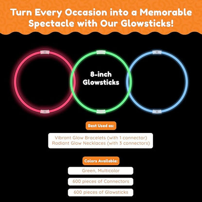 Glow Fever Glowsticks Bulk 1200pcs Party Pack includes 600 8" Glow Sticks and 600 connectors, Bracelets and Necklaces, DIY Costume , Light Sticks, for Concert, Wedding and Birthday, Green