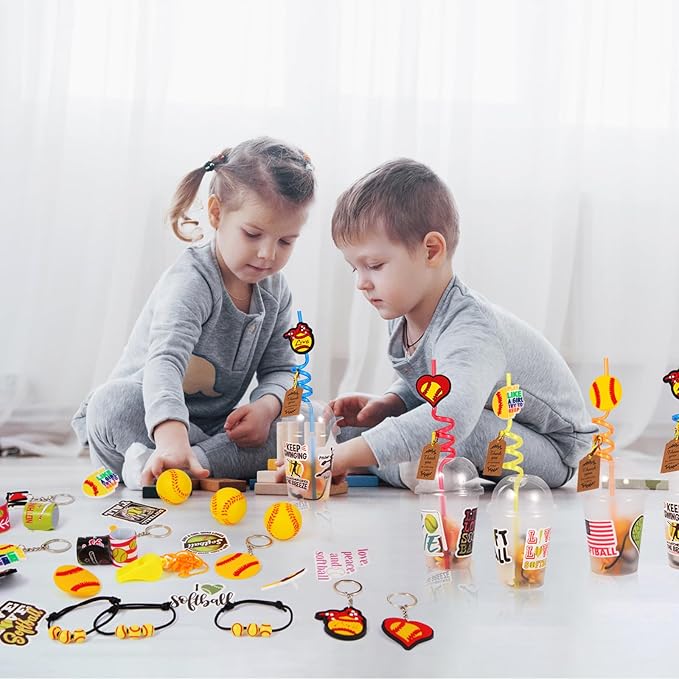 LiYiQ 158 Pcs Softball Party Favors Softball Party Supplies With Cup Straw Stress Ball Keychain Sticker Slaps Bracelets Whistle Thank You Tags For Softball Birthday Decorations (Softball)