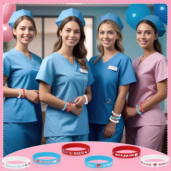 JUNEBRUSHS 24Pcs Nurse Inspirational Silicone Rubber Wristbands Bracelets for Nurse Appreciation Week Decorations Party Favors Supplies(6 Designs)
