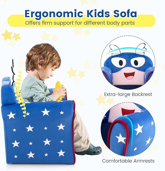 Costzon Kids Couch, Children's Sofa Armrest Chair with Pattern, Toddler Furniture w/Sturdy Wood Construction, Preschool, Lightweight Kids Couch Sofa Chair for Aged 1-5 Boys & Girls Gifts, Flyman