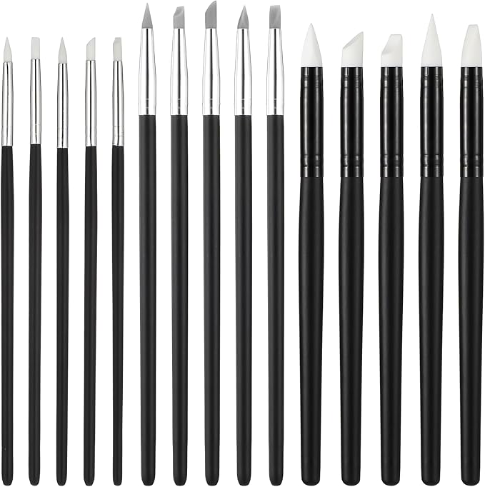 Silicone Brush, 15 Pcs Head Silicone Paint Brush Rubber Paint Pens Flexible Clay Carving Tools for Sculpting Handicraft Pottery Handicraft Nail Art Artwork Acrylic Paints, 5 Shapes (Black)