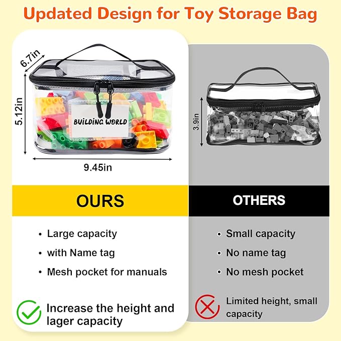 Tesuko 6 Pack Clear Toy Storage Bag with Name Tag& Manual Pocket, Waterproof Transparent PVC Toy Organizer Case for Lego Bricks, Board Games, Building Blocks, Puzzles (Large Capacity, Black)