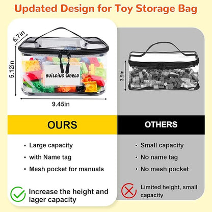 Tesuko 6 Pack Clear Toy Storage Bag with Name Tag& Manual Pocket, Waterproof Transparent PVC Toy Organizer Case for Lego Bricks, Board Games, Building Blocks, Puzzles (Large Capacity, Black)