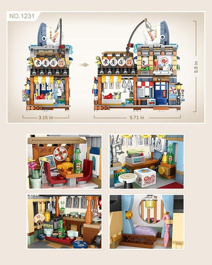 Japanese City Street View Seafood Store Building Blocks Set, Aquatic Products Shop MOC Creative House, Simulation Architecture Construction Toy, Gifts Idea for Kids Adults (Mini Blocks 790 pcs)