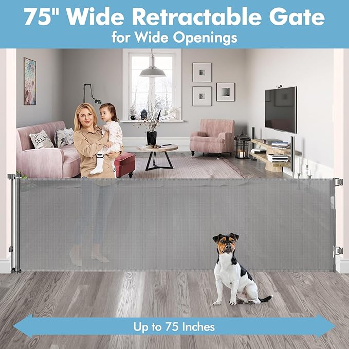 75 Inch Retractable Baby Gates for Wide Openings Retractable Dog Gate Indoor Extra Long Baby Gate Outdoor Extra Large Dog Gate Extra Wide Baby Gate for Stairs Dog Gates for Doorways, Porches, Gray