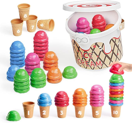 JoyCat Ice Cream Preschool Learning Activities Counting and Color Sorting Set Stacking Toys for Kids 3-5, Educational Fine Motor Skills Toys, 65PCS Math Manipulatives, Easter Basket Stuffers