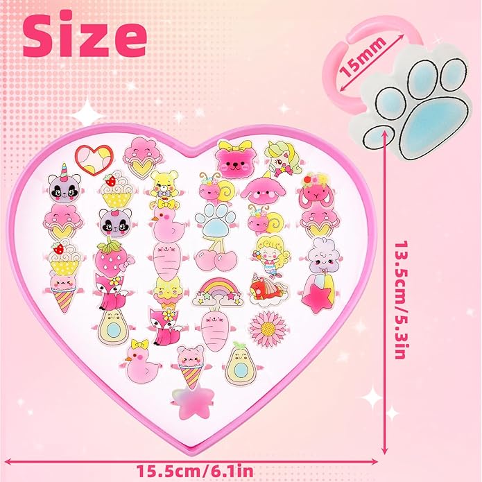 Little Girl Jewel Rings, Adjustable Pink Rings Girls Kids Pretend Play and Dress up Jewelry Set, Cute Rings with Display Case Party Favors Toys Gifts