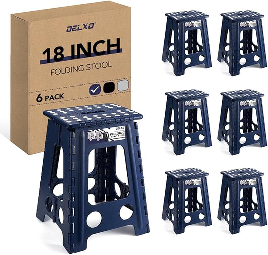 Delxo Folding Step Stool,18 Inch Foldable Step Stools for Kids & Adults,Portable Collapsible Step Stool with Handle, Lightweight Plastic Folding Stool for Kitchen Bathroom,Bedroom (Blue 6 Packs)
