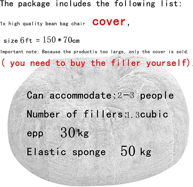 Giant Fur Bean Bag Cover (Cover only, no Filler) Living Room Furniture Big Round Soft and Fluffy Artificial Fur Bean Bag Lazy Sofa Bed Cover (7FT+New Black)