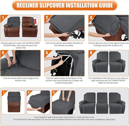 VANSOFY Recliner Covers, 3-Pieces Stretch Reclining Couch Covers with Pockets Reclining Couch Slipcovers 3 Seater Soft Washable Furniture Protector for Dogs Cats(Charcoal Gray)