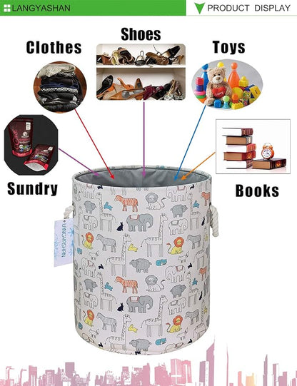 LANGYASHAN Laundry Basket Canvas Collapsible Organizer Storage Basket for Boys Girls Laundry Hamper Toy Bins Gift Baskets Bedroom Clothes Children Nursery (Animal)